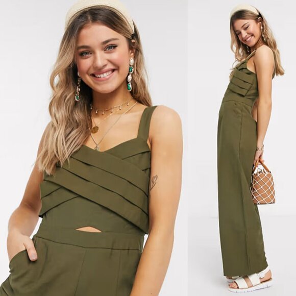 Moon River Olive Green Jumpsuit M Pleated Crisscross Cutout Wide Leg Pockets - Picture 3 of 16
